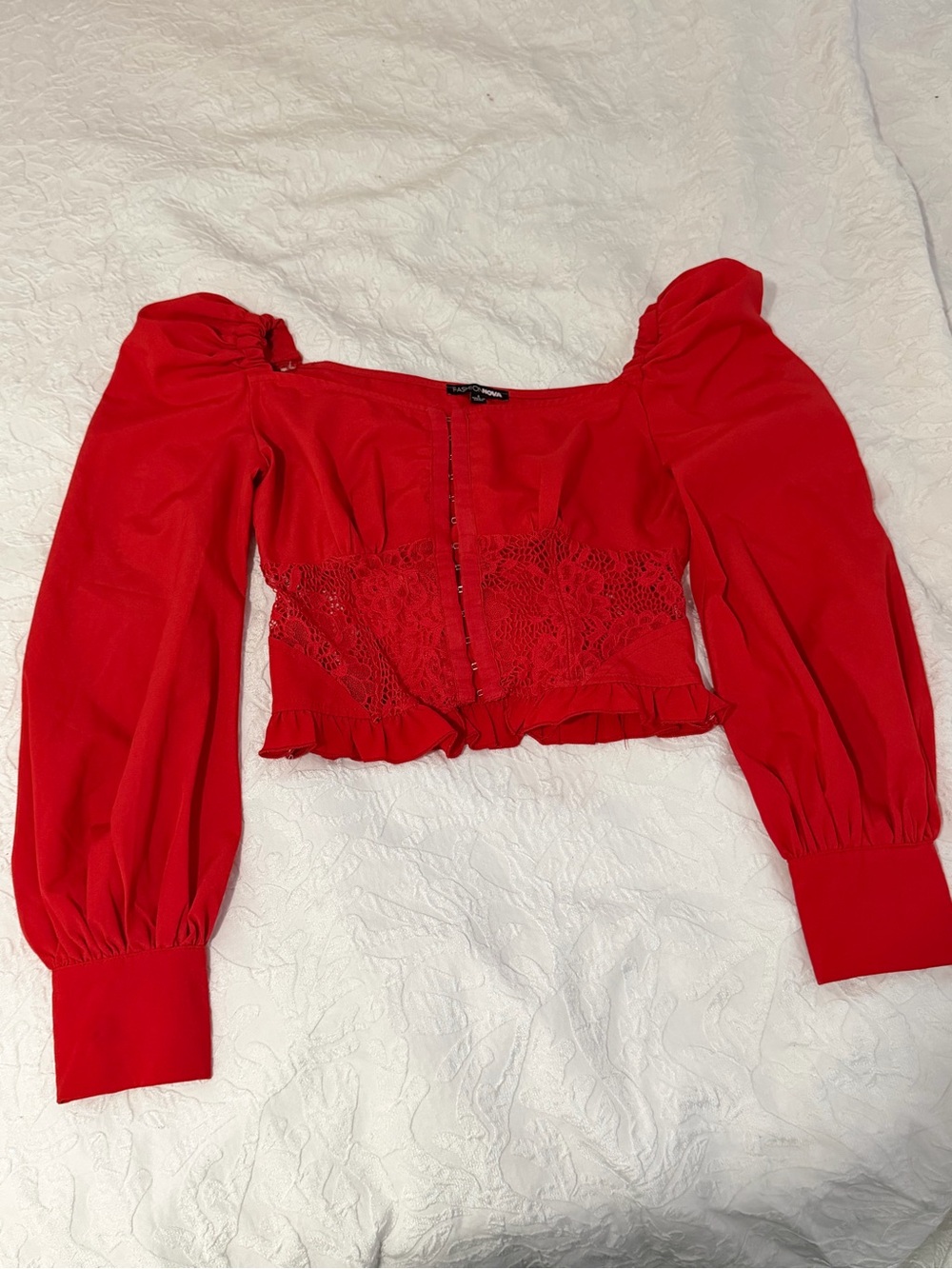 Fashion Nova Red Puff Sleeve Lace-Trim Crop Top